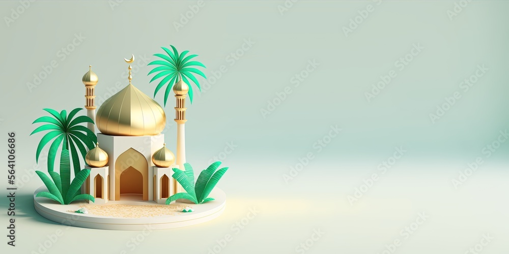 Obraz premium Ramadan Banner with 3D Illustration of Mosque and Copy Space