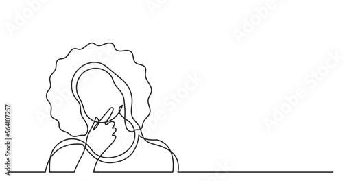 continuous line drawing vector illustration with FULLY EDITABLE STROKE of afro hairstyle woman thinking about idea solving problems finding solutions