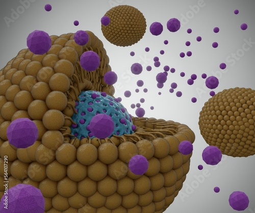 Lipid bilayer coating mesoporous silica nanoparticle as nanodrugs carrier or delivery. Nanomedicine release from encapsulated nanocarrier 3d rendering