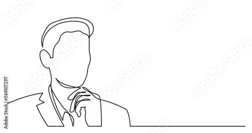 continuous line drawing vector illustration with FULLY EDITABLE STROKE of young man thinking about idea solving problems finding solutions