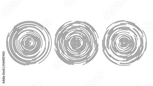 Concentric circle segments set. Rippled round patten background. Sonar or sound wave rings collection. Epicentre, target, radar icon concept. Radial signal or vibration elements. 