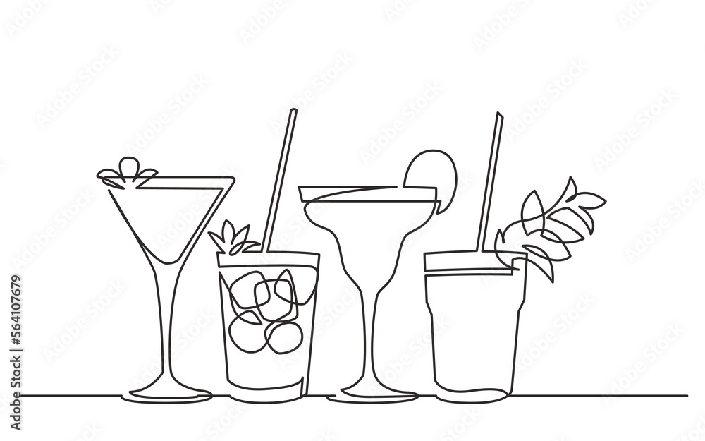 continuous line drawing vector illustration with FULLY EDITABLE STROKE of exotic cocktail drinks - obrazy, fototapety, plakaty 