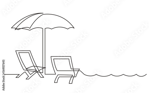 continuous line drawing vector illustration with FULLY EDITABLE STROKE of beach chair and sea waves