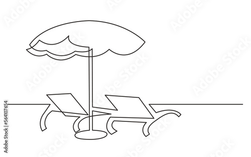continuous line drawing vector illustration with FULLY EDITABLE STROKE of beach chairs and umbrella