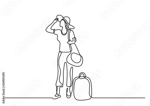 continuous line drawing vector illustration with FULLY EDITABLE STROKE of happy standing woman traveler with baggage