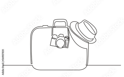 continuous line drawing vector illustration with FULLY EDITABLE STROKE of travel suitcase hat camera
