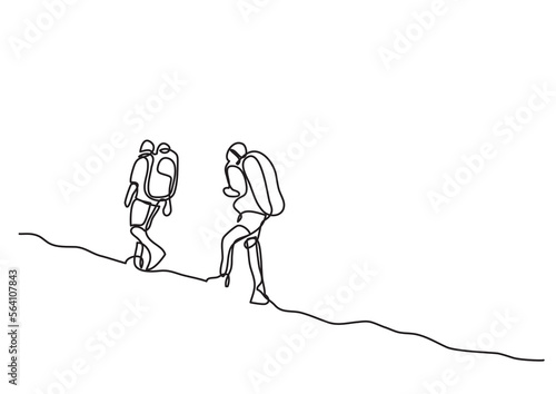 continuous line drawing vector illustration with FULLY EDITABLE STROKE of travelers walking