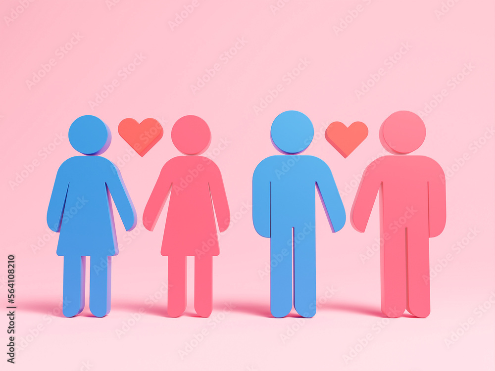 3D same sex marriage icon on isolated pink background, Sexual Orientations. LGBT Pride Month is celebrated every year in June. 3d render. Gay, lesbian. 3D same sex marriage icon on isolated pink background, Sexual Orientations. LGBT Pride Month is celebrated every year in June. 3d render. Gay, lesbian.