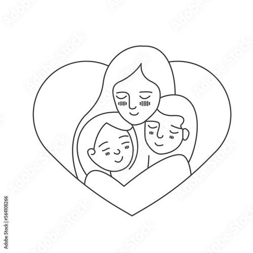 Mother hugging childs. Vector thin line icon illustration for concepts like Mother's day. Mother holding daugthers