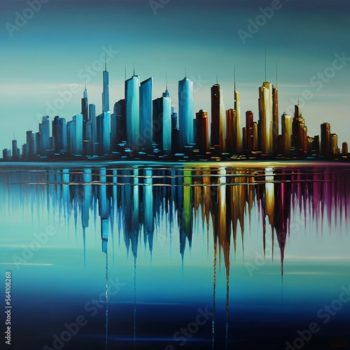 city skyline at sunset with water reflection