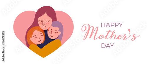 Mother hugging kids. Vector illustration with Happy Mother's day text. Woman holding little girl daugthers with background heart