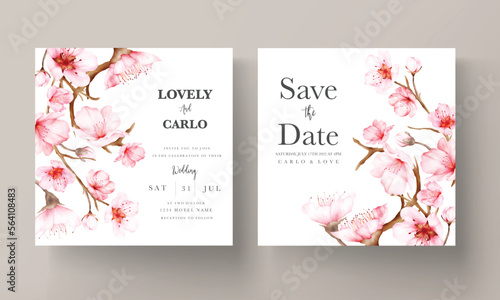 beautiful pink cherry blossom floral watercolor invitation card