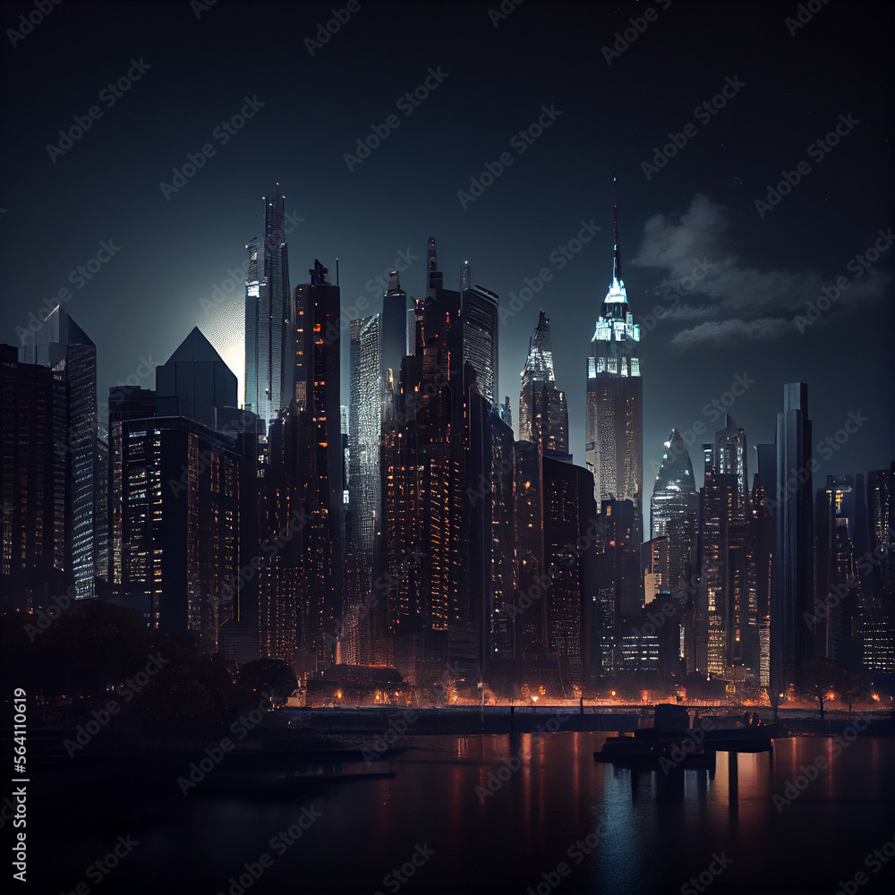 City Skyline at Night A Dramatic View of Urban Lights and Architecture Generative