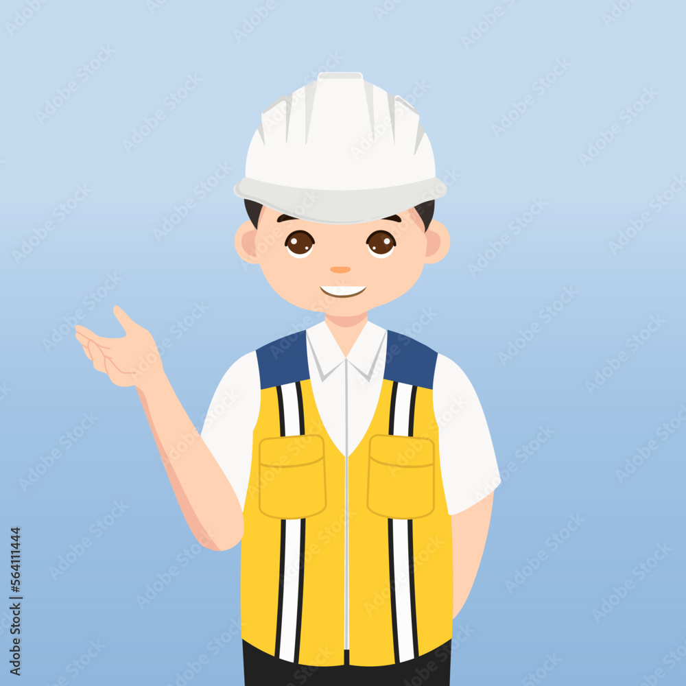 Architect, technician and builders and engineers and mechanics and Construction Worker,Vector illustration cartoon character. Engineer with white safety helmet and vest in construction site.