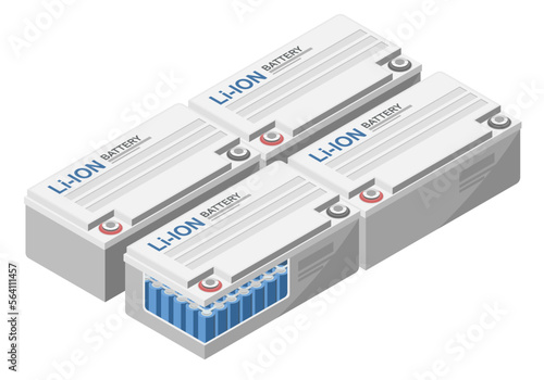 Lithium ion Battery set li ion solar cell power pack solar plant energy equipment model vector illustrations isometric