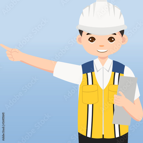 Architect, technician and builders and engineers and mechanics and Construction Worker,Vector illustration cartoon character. Engineer with white safety helmet and vest in construction site.