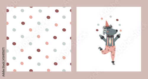 Cute poster with hand drawn circus poodle and circles seamless pattern. Vector illustration for your design.