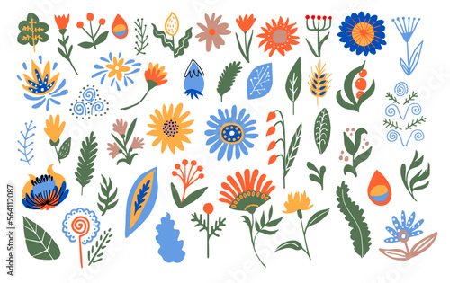 Colorful doodle floral illustration set inspired Ukrainian naive folk art good for decorating