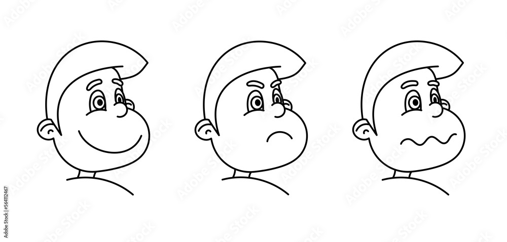 Outline of a character's face with three different emotions. Outline of a character's face with three different emotions.