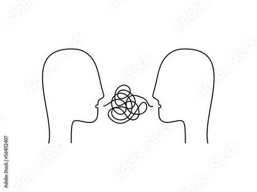 Two talking people. Dialogue. Vector black and white outline illustration.