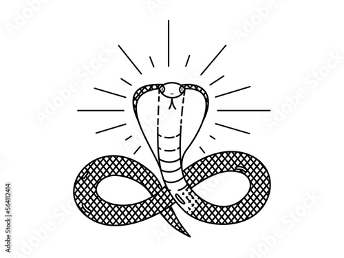 Vector drawing of an Indian king cobra with radiance in tattoo style.
