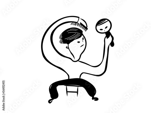 A man combs his hair while looking in the mirror. Flat one color vector illustration.