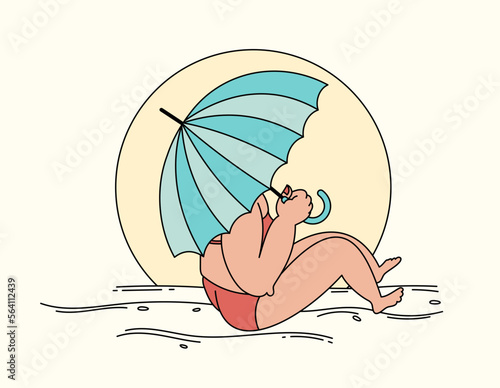 A woman in a bathing suit is sunbathing on the beach against the backdrop of the sun. Flat vector illustration with outline.