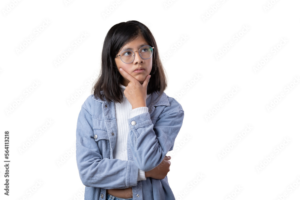 Mexican young woman wearing glasses, thinking expression Mexican young woman wearing glasses, thinking expression