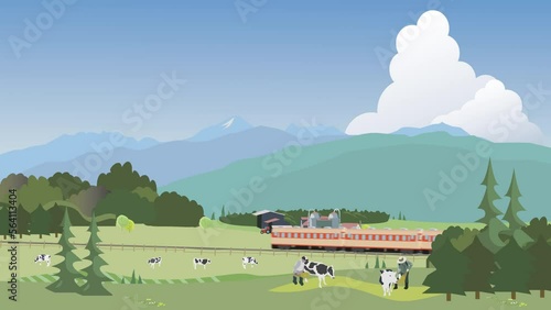 高原列車の走る北海道の酪農風景