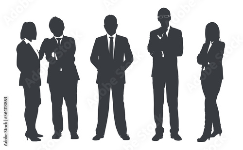 Business people group gray silhouettes pose on white background, flat line vector and illustration.