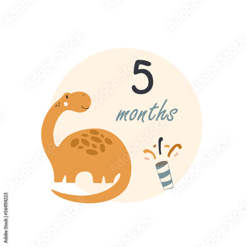5 five months Baby month anniversary card metrics. Baby shower print with cute animal dino, flowers and palm capturing all special moments. Baby milestone card for newborn.