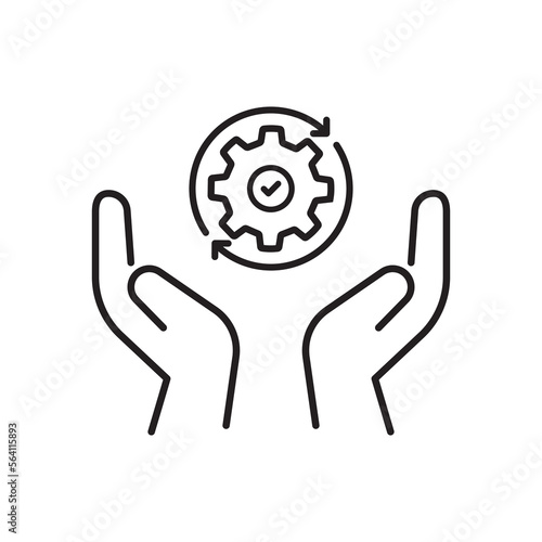 hand holding gear like optimize system icon. linear trend modern simple digital perform logotype graphic stroke design web element isolated on white. concept of workflow symbol or efficient pictogram