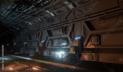 Control room system metal wall panel 3d rendering sci-fi interior wallpaper backgrounds