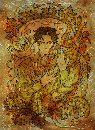 Colorful illustration with fantasy dragon and handsome warrior character boy, hero man or prince isolated on white, manga cartoon style