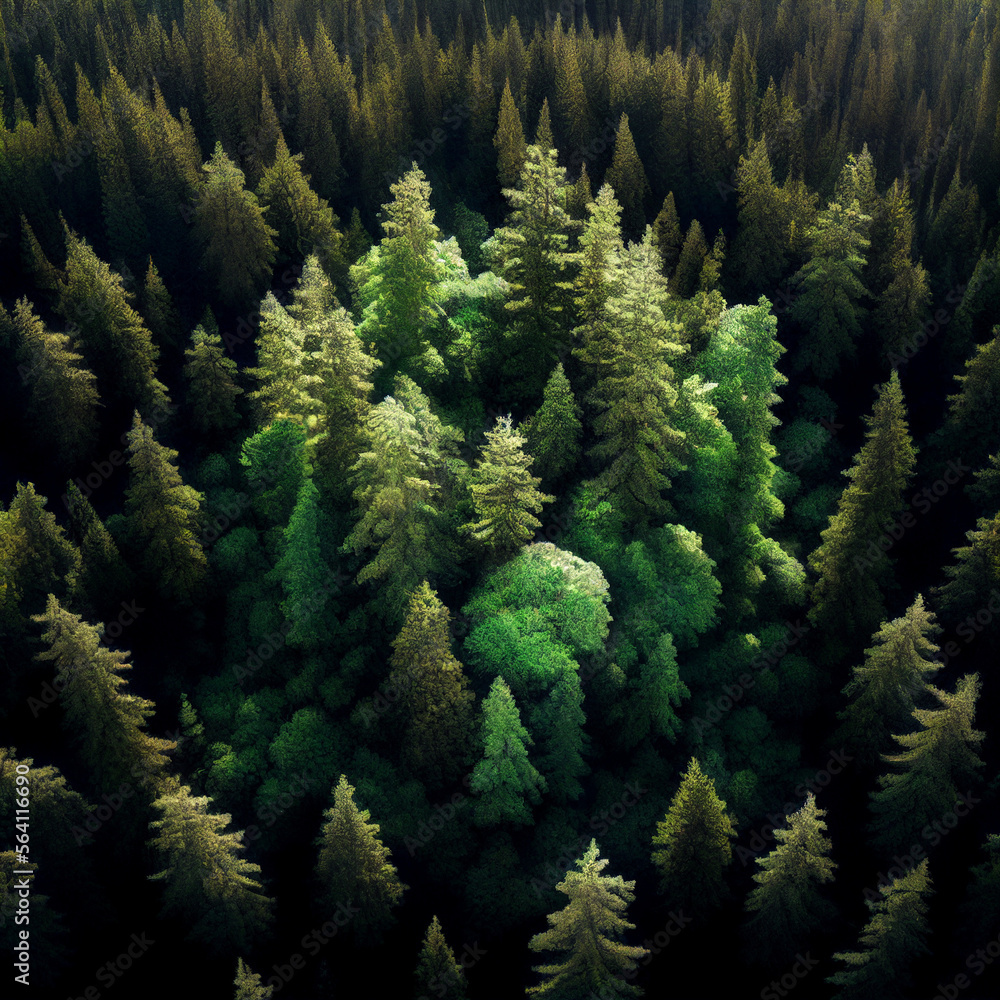 Aerial View of Boreal Forest: Green Canopy and Nature's Beauty Generative