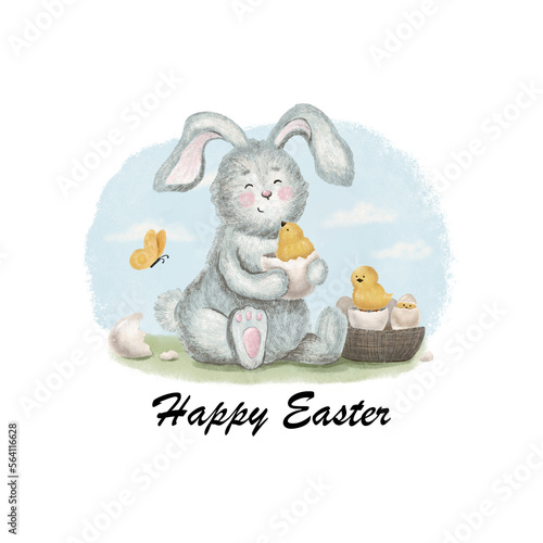 Happy Easter and adorable rabbit with newborn chicks. Hand drawn illustration.