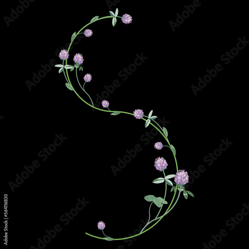 Capital letter S with floral motifs. Decorative font with blooming branches of red clover flower. On black background. photo