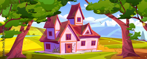 Summer countryside with house, farm buildings, green field, trees under blue sky with white clouds. Vector cartoon illustration of rural landscape, farmland under crops near river, birds flying in air