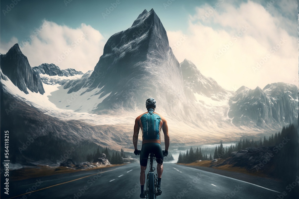 back view Fitness, sports Cyclist man Riding in the road,snowy mountains landscape in the background ,Generative AI
