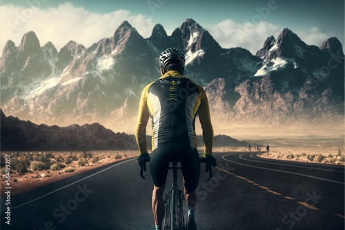back view Fitness, sports Cyclist man Riding in the road,snowy mountains landscape in the background ,Generative AI 
