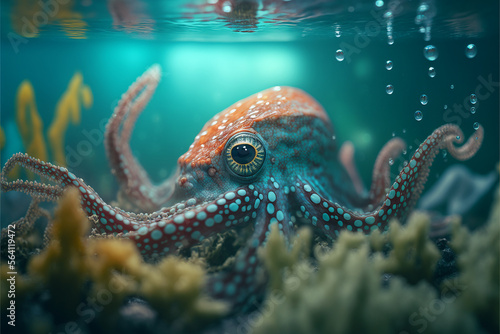 macro photography octopus in the water. Generative AI © Putrasatria
