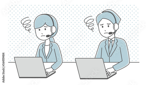 コールセンター　オペレーター　カスタマーサポート　困っている男性と女性