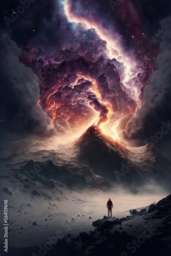 Fantastical Volcanic Eruption, Ai Generated Image of a Person Watching a Far Off Volcano Explode with Clouds of Dust and Magma