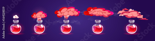 Bottle with potion, magic elixir or poison and smoke cloud. Sprite sheet of red vapour from glass bottle with witch or alchemist potion, vector cartoon animation set