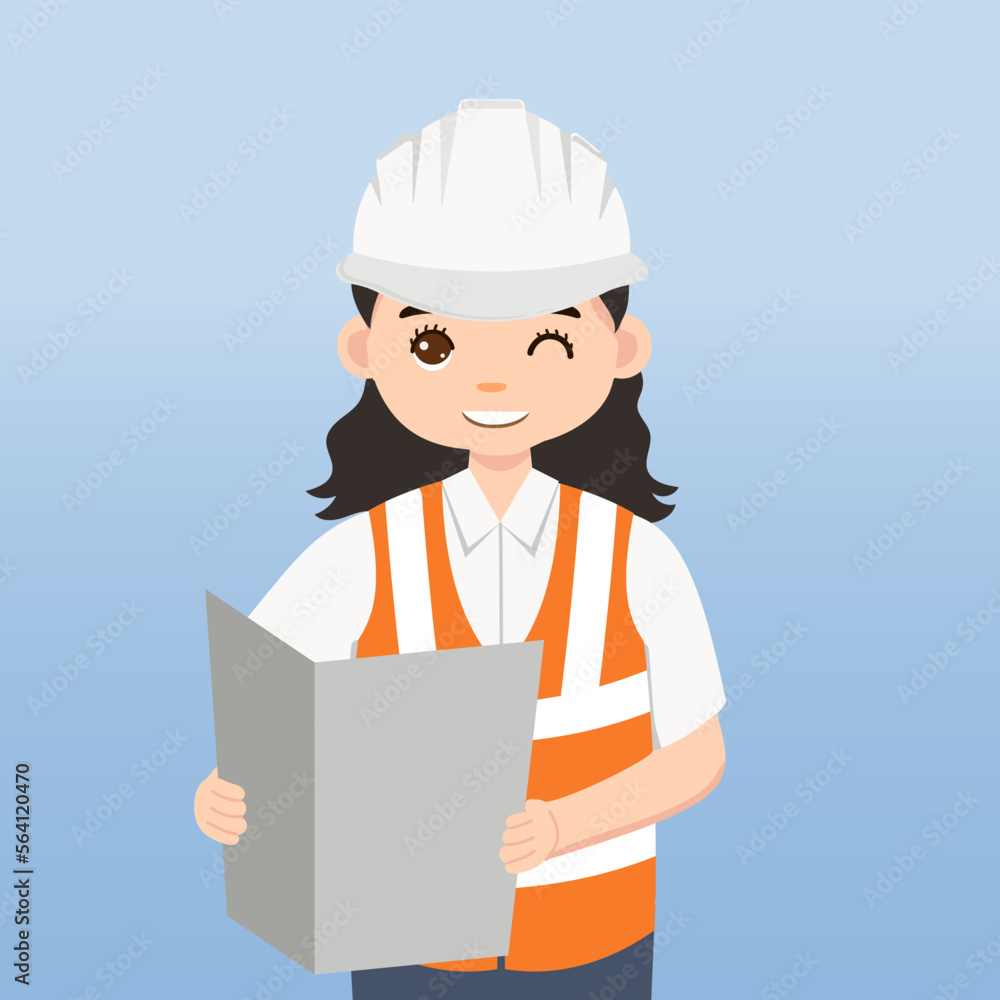Architect, technician and builders and engineers and mechanics and Construction Worker,Vector illustration cartoon character. Woman Engineer with white safety helmet and vest in construction site. Architect, technician and builders and engineers and mechanics and Construction Worker,Vector illustration cartoon character. Woman Engineer with white safety helmet and vest in construction site.