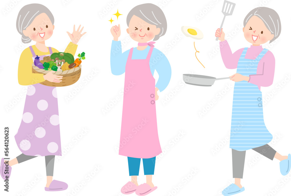 料理をするシニア女性達のイラストセット 料理をするシニア女性達のイラストセット
