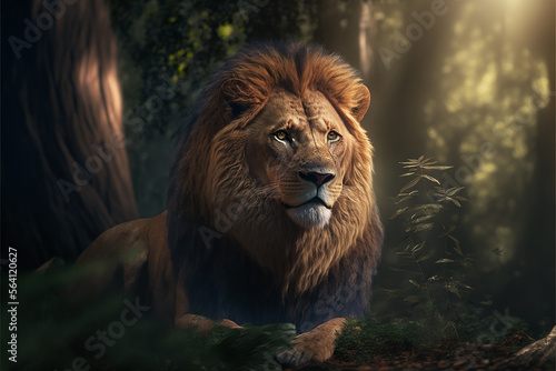 Lion in the forest. Generative AI