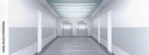 Metal elevator doors in office, hospital, hotel or house hallway. Empty modern building corridor with closed doors and steel lift gates, vector realistic illustration
