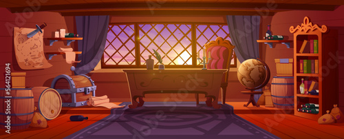 Old pirate ship inside at sunset. Wooden boat captain cabin interior with table, treasure chest, barrels, candles, rum bottles and books on shelves, grobe and paper map, vector cartoon illustration