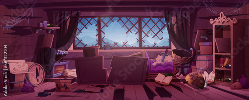 Old messy pirate ship cabin inside. Broken abandoned boat interior with dirty broken wooden furniture, empty chest, barrels, rum bottles, sea storm and rain behind window, vector cartoon illustration